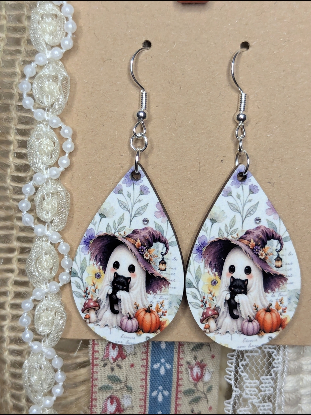 Ghost with Black Cat Teardrop Halloween Earrings - White & Purple